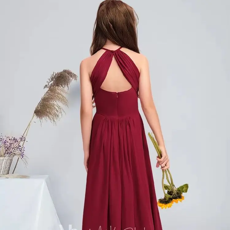 PSM A-line Halter Floor-Length Chiffon Junior Bridesmaid Dress Burgundy Flower Girl Dress Summer Graduation Party Dress Guest