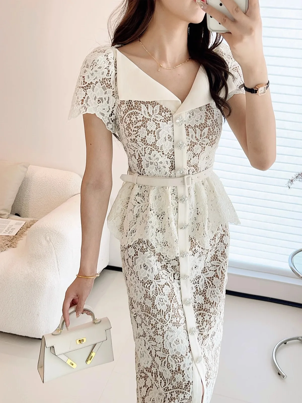 Runway Summer Holiday Flower Beaded Buttons Embroidery Midi Long Prom Evening Wedding Ruffles Lace Belt Bodycon Party Dress