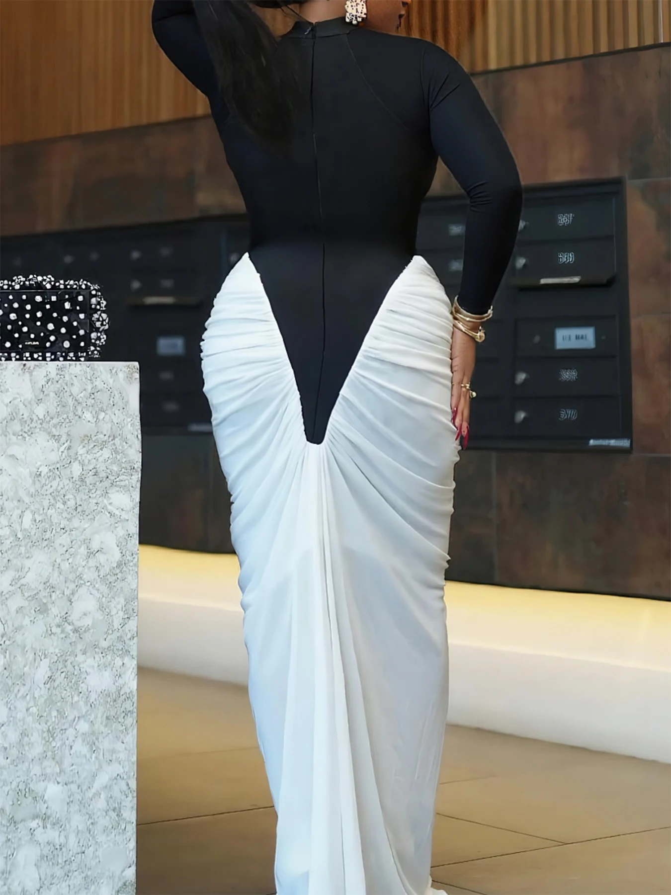 奇妙な猫柄セクシーパッチワークドレス レディース ラッフルカラーブロック 長袖 ピーチヒップ エレガント シンプル ストレッチ スリム イブニング プロム ボディコン