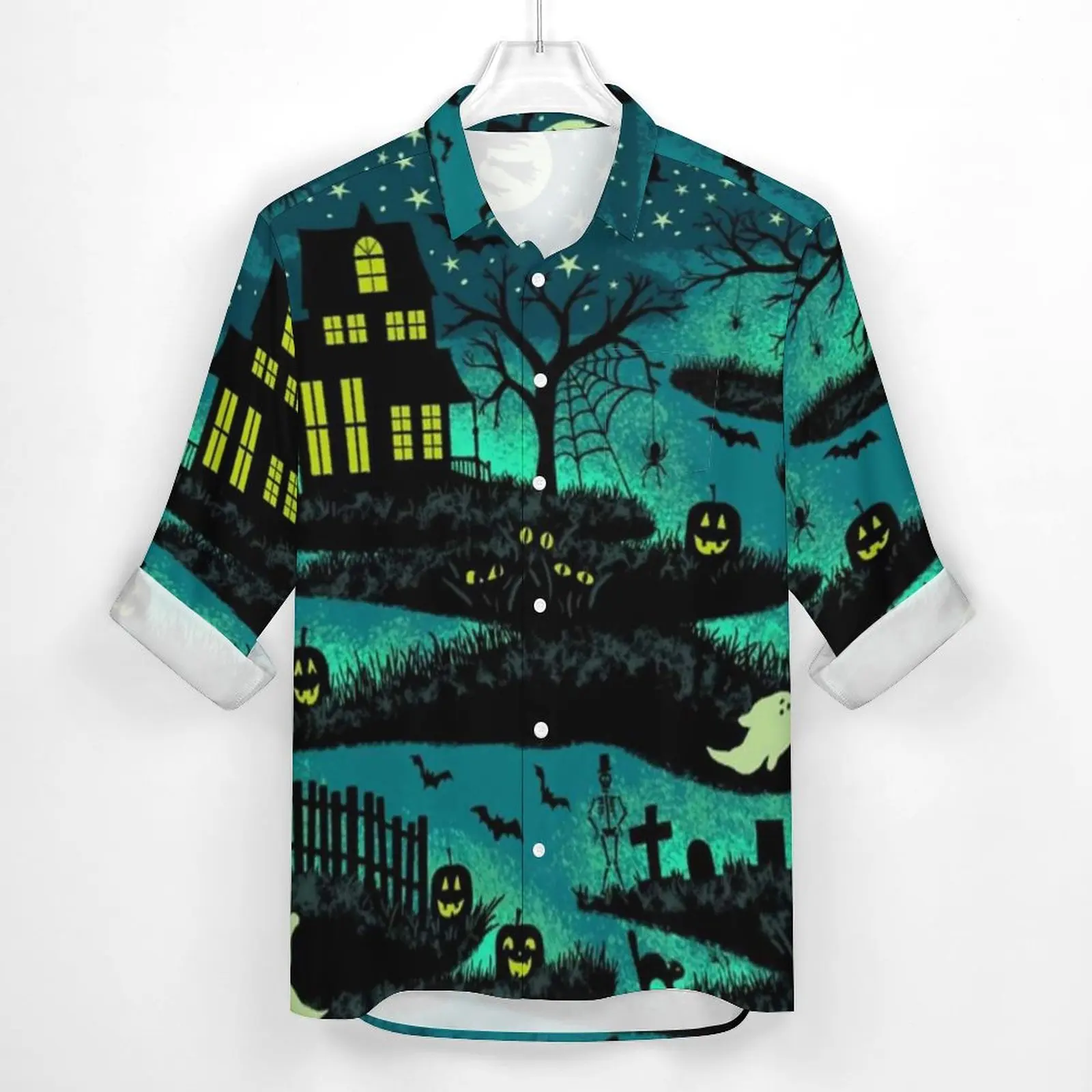 Magical Halloween Night Casual Shirts Men FoxFire Green Ghots Black Cat Shirt Long Sleeve Trendy Blouses Autumn Tops Plus Size