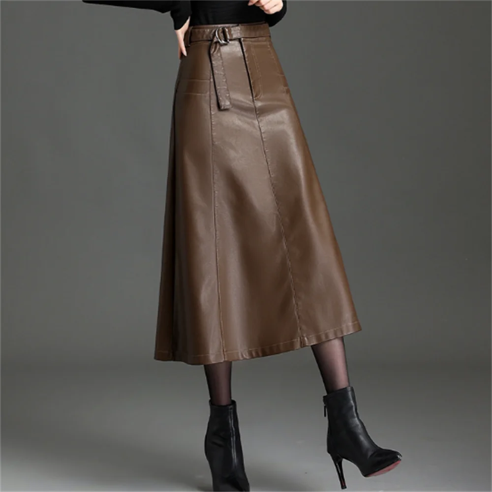 High waist pu leather skirt women new autumn and winter long skirt with belt brown buttocks