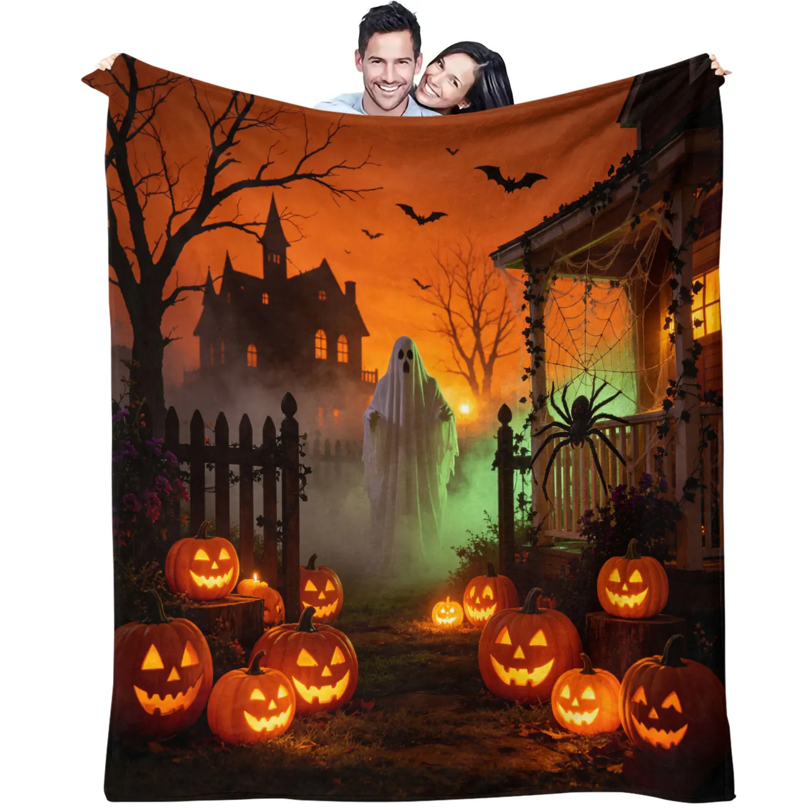 Halloween Flannel Throw Blanket Haunted House Ghost Pumpkin Bat Spider Scenery Print Soft Microfiber Blanket for Sofa Bed Travel