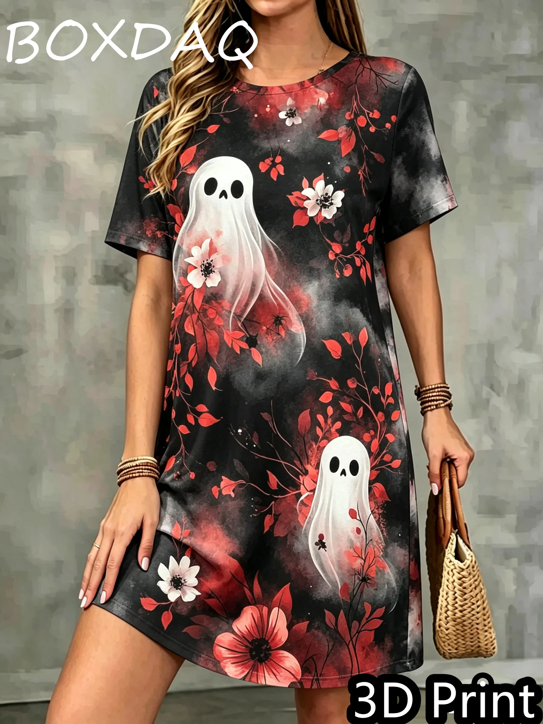 Wacky Skull Pattern Halloween Dress Fashion Short Sleeve O-Neck Print Loose Casual A-Line Dress Summer Autumn Women Clothing