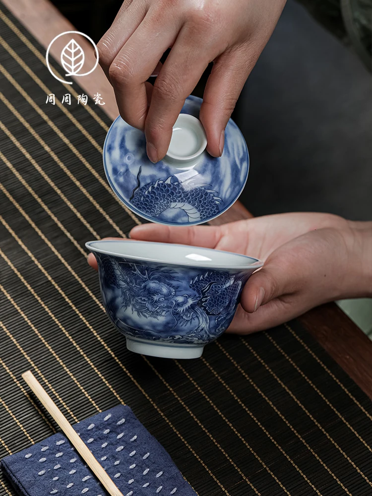 Handmade Jingdezhen Blue and White Porcelain Pattern Gaiwan Hover Anti-Scald Tea Brewing Bowl Household Kung Fu Set Single