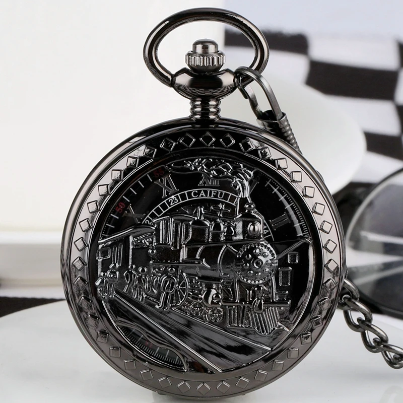 

Black Openwork Train Pattern Manual Mechanical Pocket Watches Gold Roman Numerals Dial Pendant Pocket Watch Necklace Clock Gift