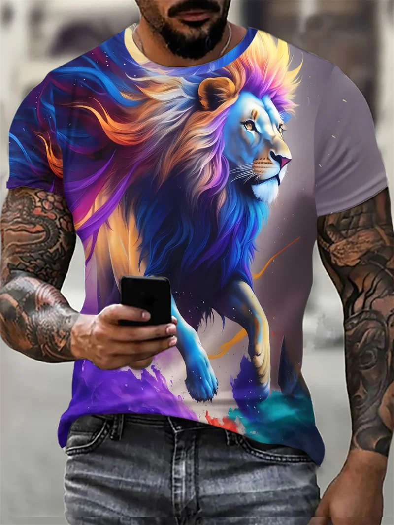 Lion Pattern Men\'s Street T-Shirt Short Sleeve Animal 3D Printed Fashion Hip Hop Male Tee 6XL Plus Size O-Neck Casual Tops