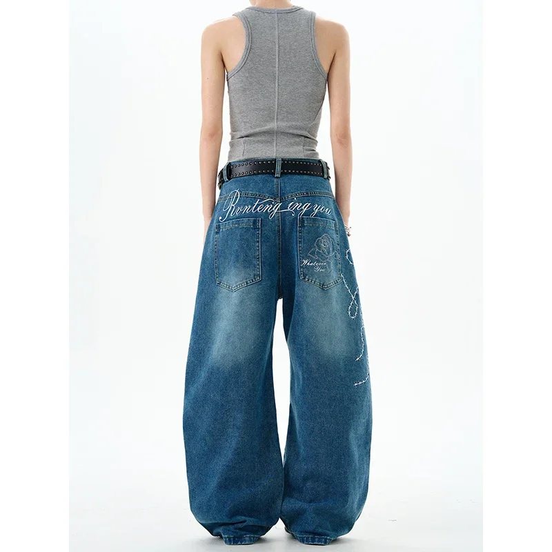 المرأة خمر الأزرق التطريز فضفاض الجينز الأمريكية الرجعية Harajuku 90s Y2k طباعة سراويل جينز اليابانية 2000s 90s السراويل