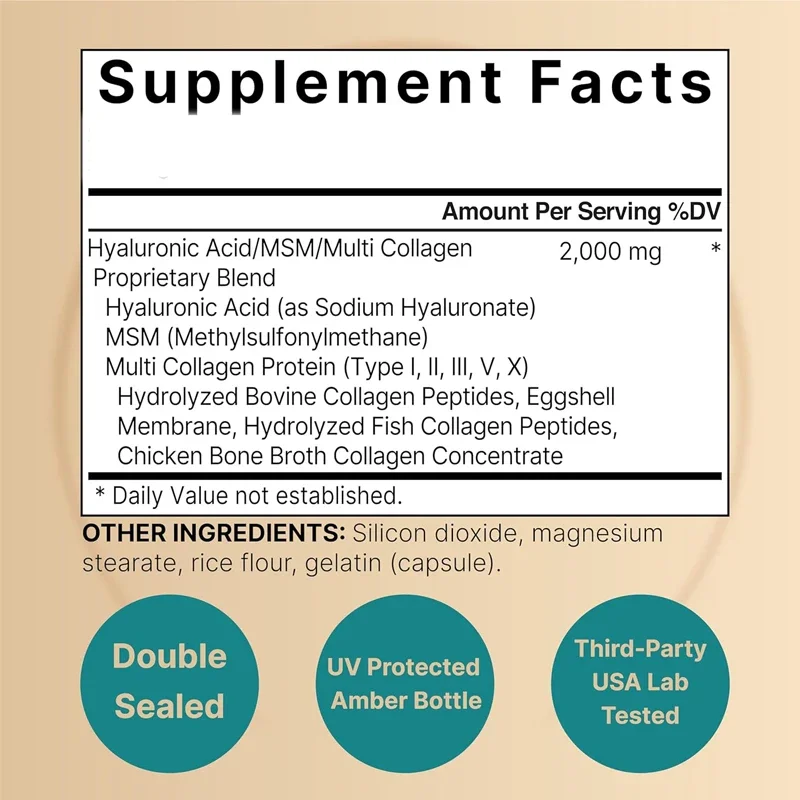 Hyaluronsäure 60 Kapseln Dimethylsulfon und Multi-Kollagen unterstützen die Hautfeuchtigkeit, Gelenkschmierung, Haar- und Augengesundheit