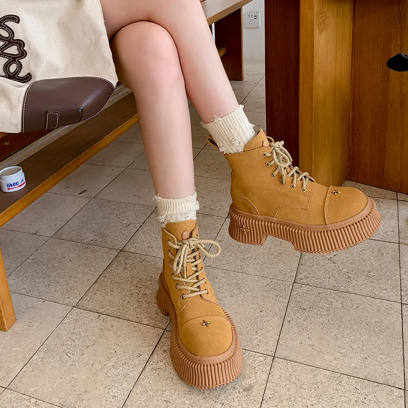 MKKHOU Fashion Short Boots Women New High Quality Suede Round Head Lace up Thick Sole Boots Street Modern Yellow Ankle Boots