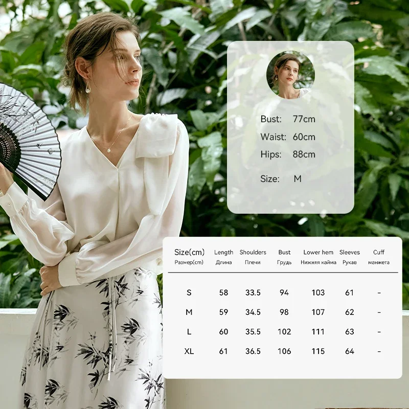 OLrain Bow V-neck Shirts Womens Autumn 2025 New Satin Casual Elegant Puff Sleeve Chic Blouse Tops Female M56QC93221