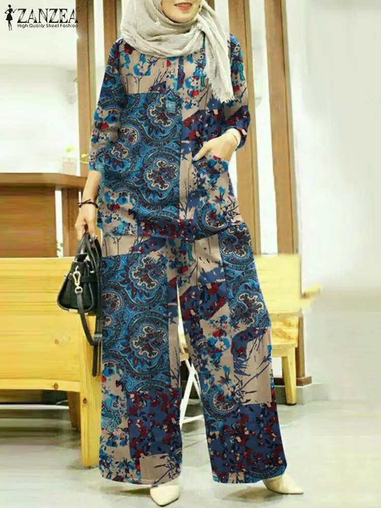 

ZANZEA 2023 Puff Sleeve Printed Blouses Wide Leg Pants Fashion Abaya Matching Sets Women Muslim Sets Female Floral Tracksuits