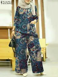 ZANZEA 2023 Puff Sleeve Printed Blouses Wide Leg Pants Fashion Abaya Matching Sets Women Muslim Sets Female Floral Tracksuits