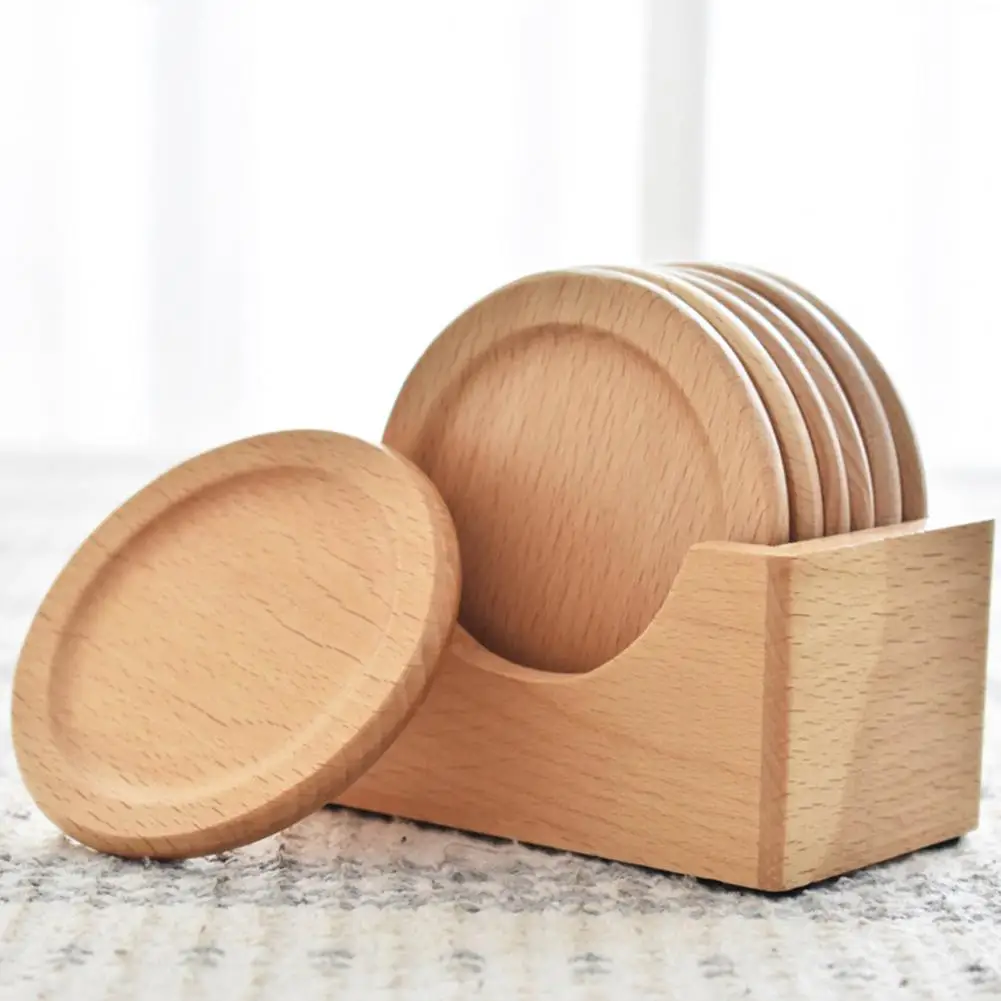 

Table Protection Coaster Drink Cup Holder Japanese Style Wooden Coaster Set with Storage Box Non-slip Heat-resistant for Coffee