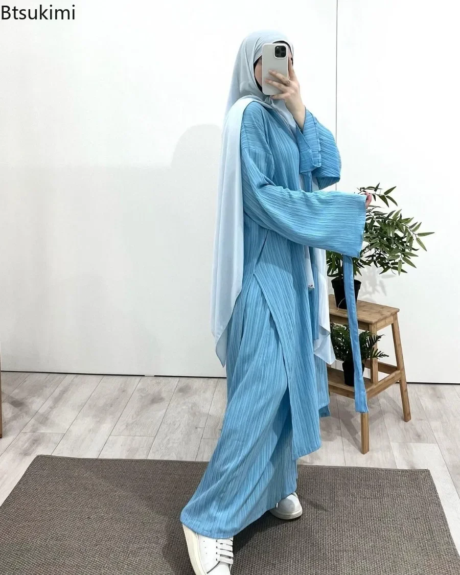 2024 Arab Muslim Women Modest Dress Sets Mid Length Long Sleeve Wrinkled Pleated Robe Tops with Skirt Suit Islam Clothing Abaya