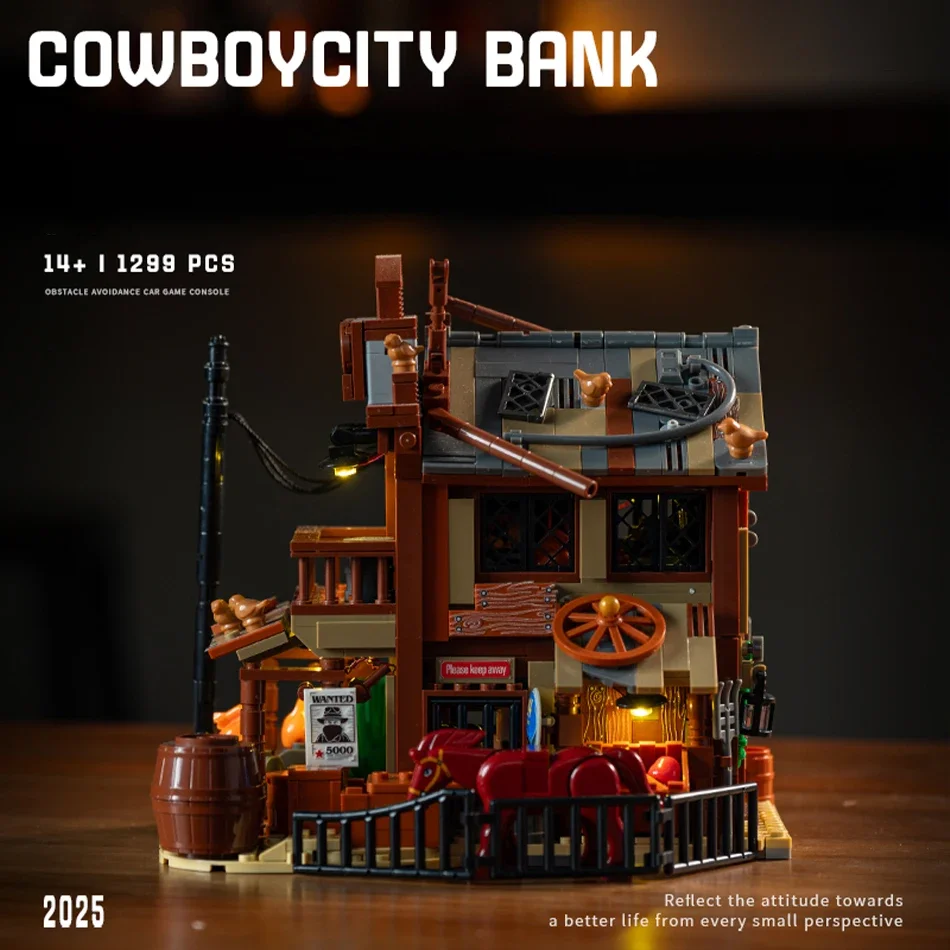 Bloques de construcción de banco de ciudad de vaquero occidental americano, ladrillos con vista a la calle, juguetes ligeros para adultos y niños, montaje de regalos