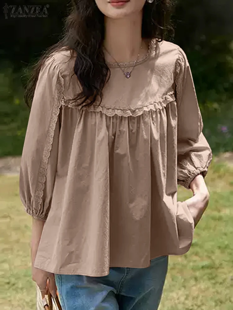 ZANZEA Puff Sleeve O Neck Blouses Lace Panels Women 2024 Fall Loose Casual Smock Tops Solid Elegant Korean Style Blusas Mujer