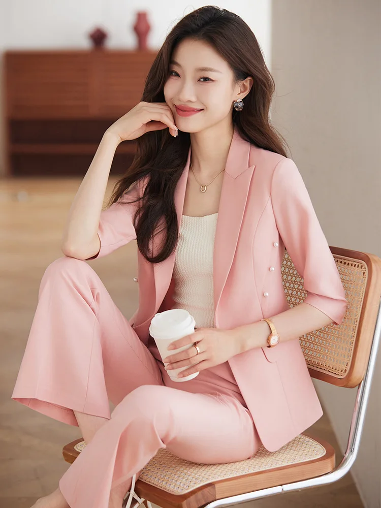 

Pink Suit Jacket for Women Spring2024New Business Suit Advanced Sense Goddess Temperament Bootcut Trousers Two-Piece Suit