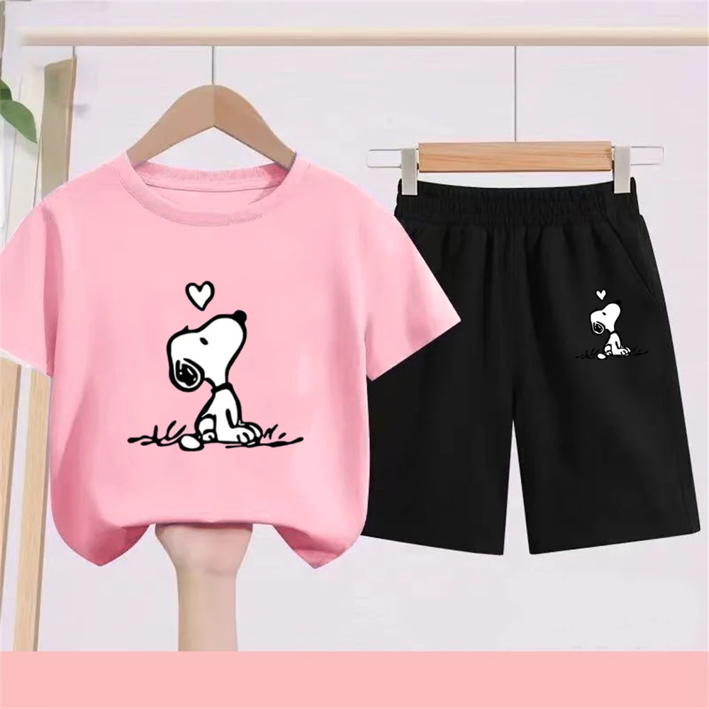 

Snoopy T-Shirts Suit Clothes Kid boy Girls cartoon Printed Short Sleeve Top Shorts 2 Pieces Children Tracksuits Summer Set