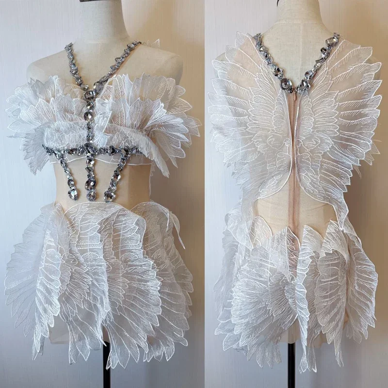 Robe de Soirée Sexy en Maille Blanche pour Femme, Tenue de Soirée à Strass, Col Licou, Boîte de Nuit, Dj DS Drag Queen, Costume de Scène, Rave