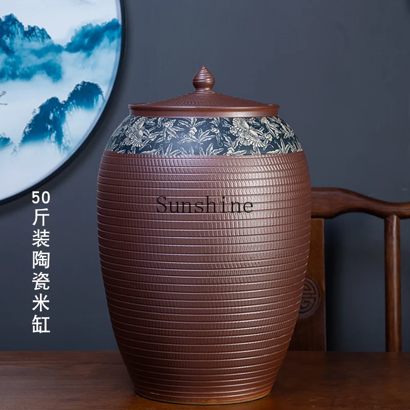Ceramic rice tank with lid household 20/50/100 catties flour tank kitchen vintage storage jar