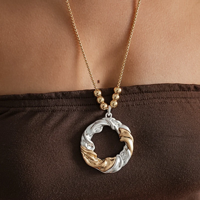 Two Tone Gold Silver Molten Texture Circle Necklace Irregular Contrast Metal Stud Earrings Jewelry Set for Women Abstract Sculpt