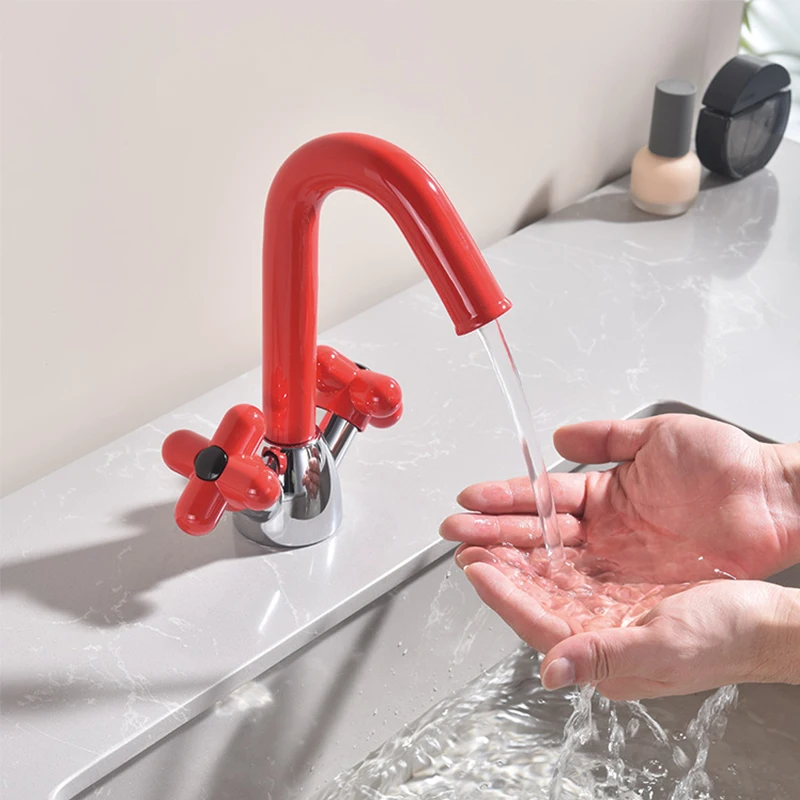

Deck Mounted Single Hole Lavatory Basin Sink Faucet 2 Modes Bathroom Vanity Sink Faucet Two Handle Hot and Cold Mixer Tap Red