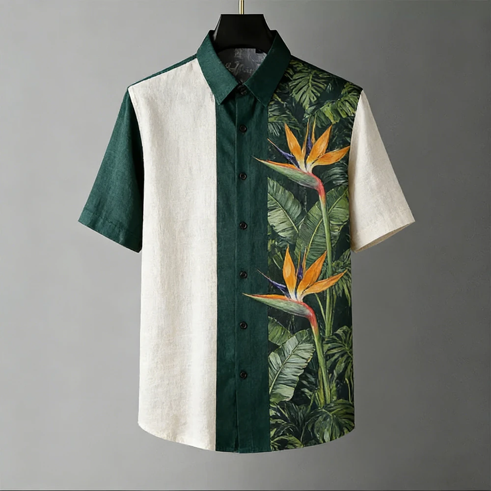2026 Men's Fashion Linen Short Sleeve Shirt Green Plant 3D Printed Shirt Beach Vacation Outdoor Social Clothes Men Fast Shipping