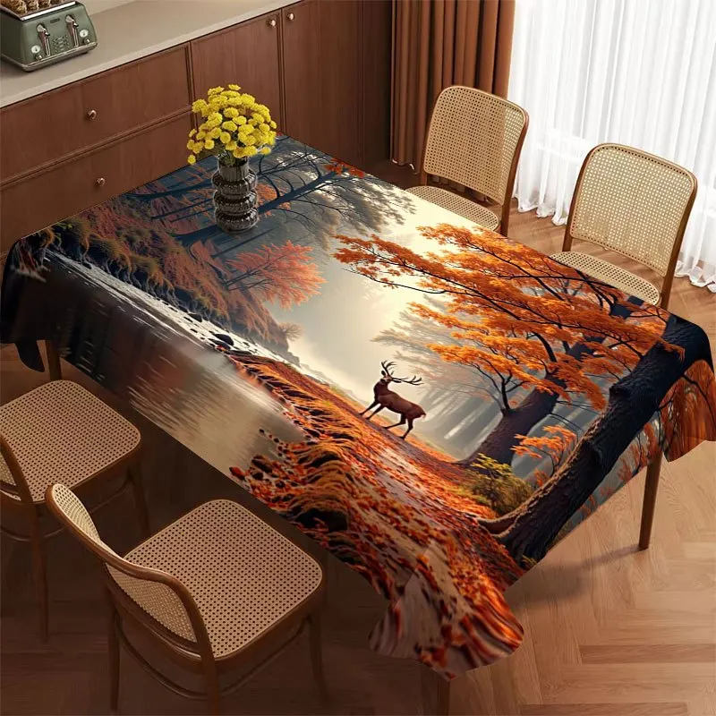 Autumn Forest Deer Lake Maple Leaf Rectangle Table Cloth for Tables Home Dinner Reusable Tablecloth for Holiday Party Decoration