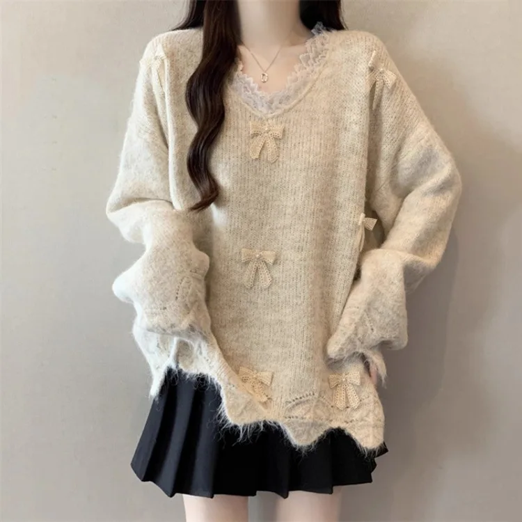 

Women Knitted Pullovers Sweaters Solid Jumpers 3D Bow Lace V Neck Long Sleeves Slight Strech Loose Fit Casual 2026 Autumn Winter