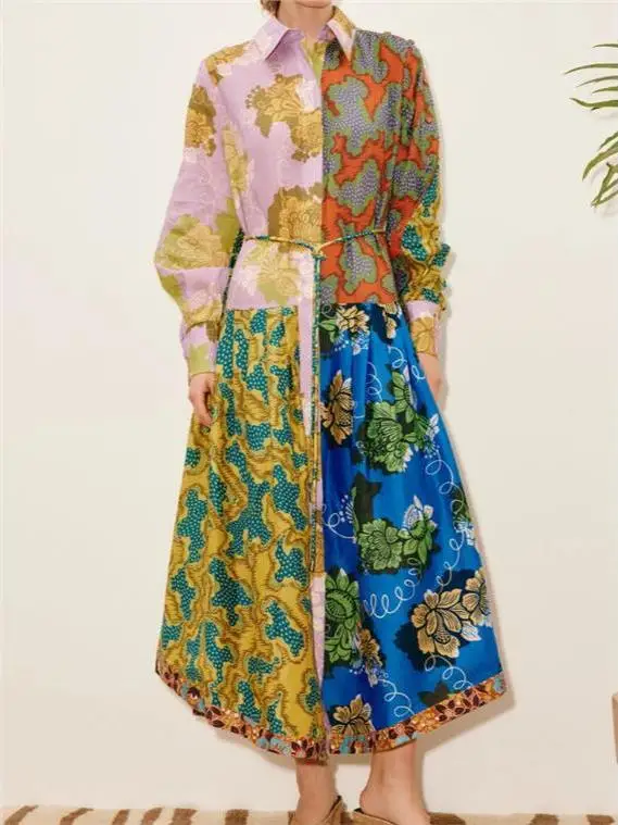 

Spring Women's Casual Print Cotton Long Sleeve Dress Belted Lantern Sleeve Open Cardigan A-Line Skirt Clean Fit Ladies Fashion