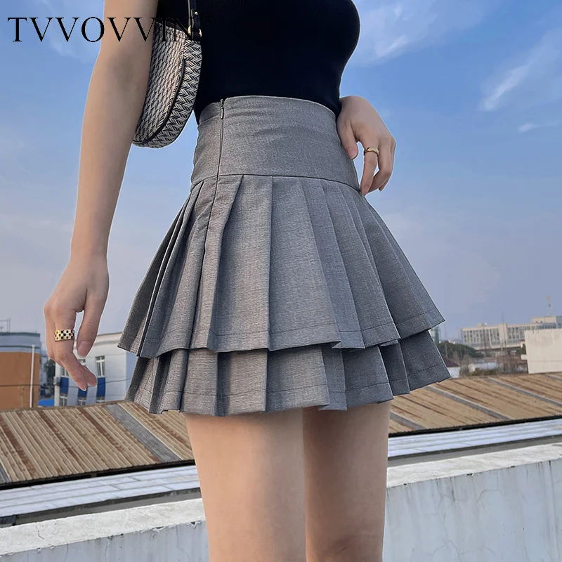 Sweet And TVVOVVIN Girly Style High Waist Double Layer Pleated Mini A-line Skirt Solid Color Slim Fashion Women's Clothing HOL3