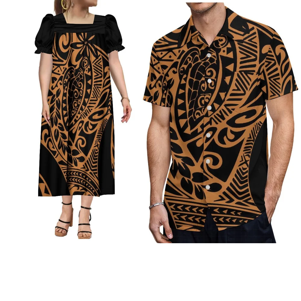 Zomerpaaroutfits Polynesische bedrukte op maat gemaakte Mumu-jurk voor dames en casual shirt met korte mouwen voor heren