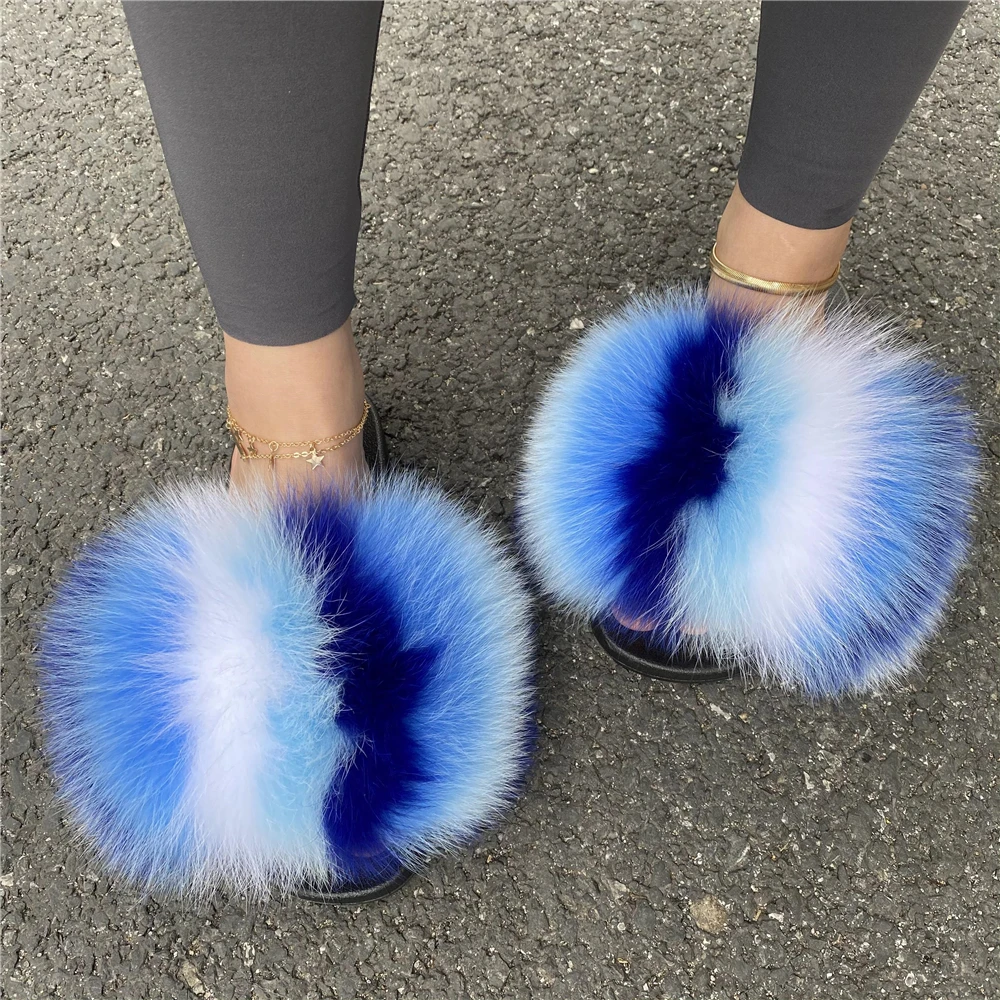 ZMPDXY Fur Slides Girl Summer Flat Slippers Big Fur Slides Fluffy Fur Slides Home Sandals Exquisite Shoes Hot Sale Women Shoes