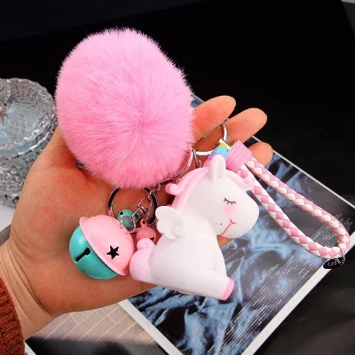 Lovely Unicorn Keychain BB Noisy Unicorn Doll Fur Pom Fluffy Ball Bell Faux Rabbit Hair Key Ring Toy For Women Girls Bag Pendant