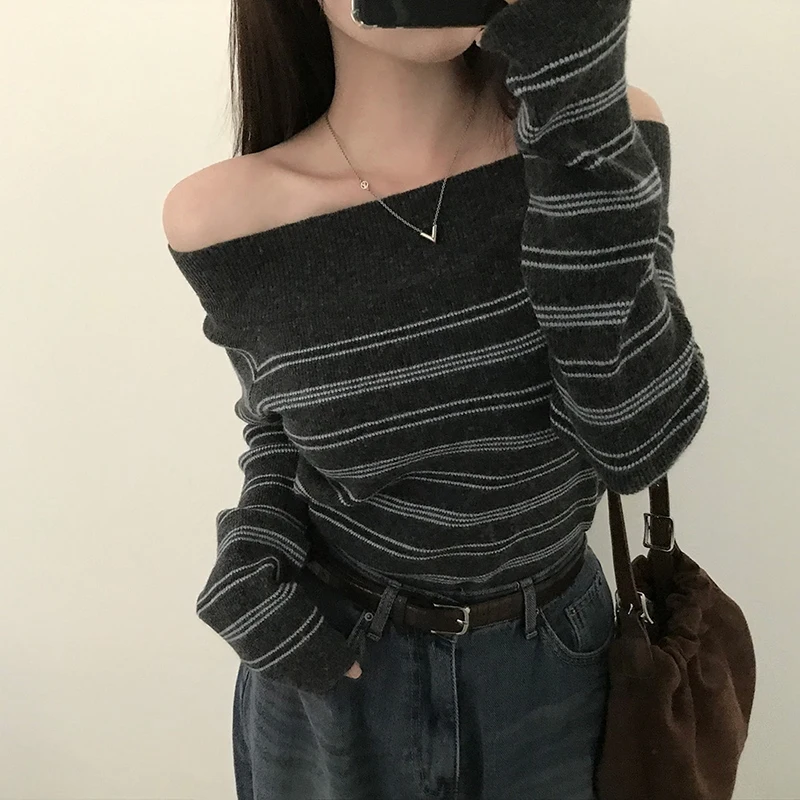 

MEXZT Off Shoulder Sweater Women Vintage Sexy Striped Slash Neck Knitted Pullovers Streetwear Korean Knitwears Winter Jumpers