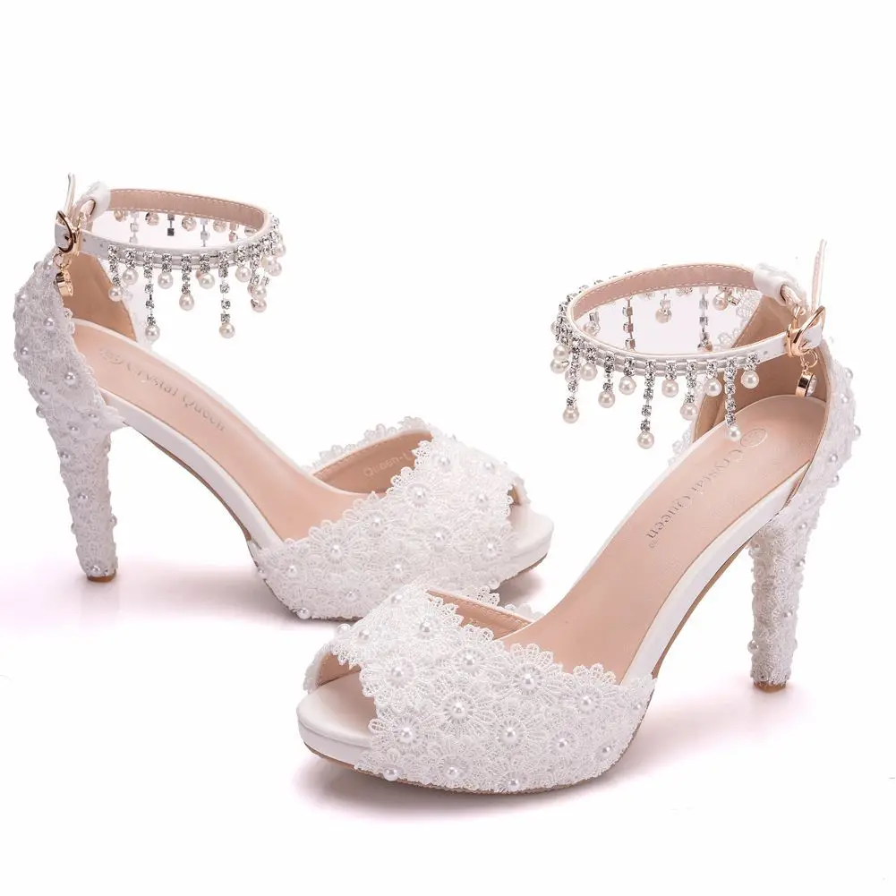 Women High Heel Shoes for Female Pointed Fashion Sandals Lace Pearl Platform PU 10CM Thin Heels Peep Toe Dress Woman Shoes image 3