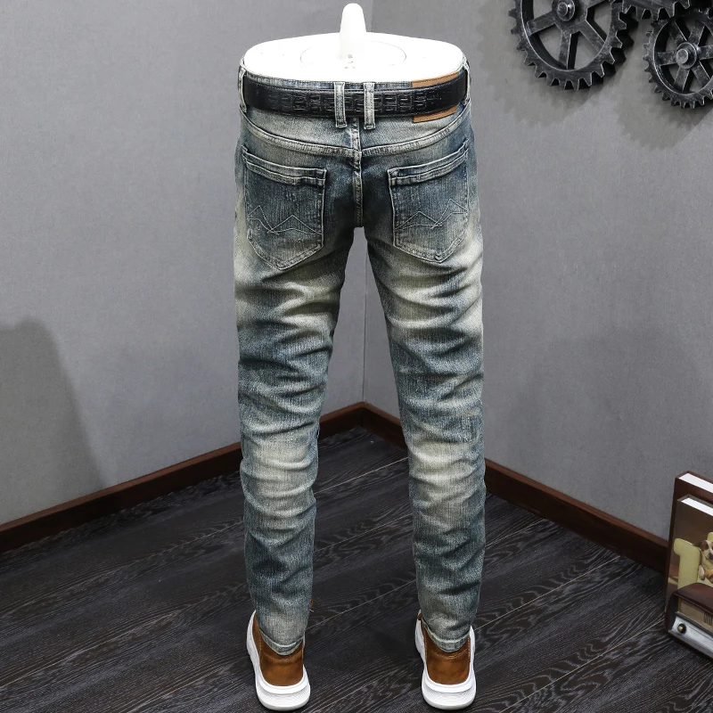 Fashion Vintage Men Jeans Retro Washed Blue Stretch Slim Fit Ripped Jeans Men Embroidery Patched Designer Denim Pants Hombre