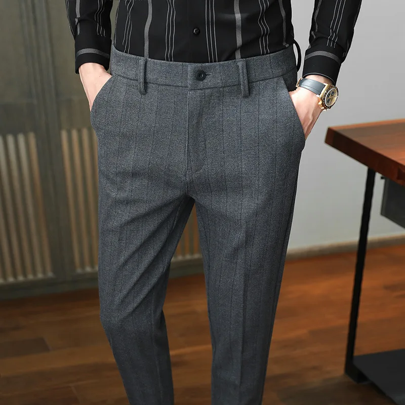 Wool Mens Trousers Formal Casual Stretch  Autumn Striped Suit Pants Classic Total Freedom Relaxed Black Pants Men Office