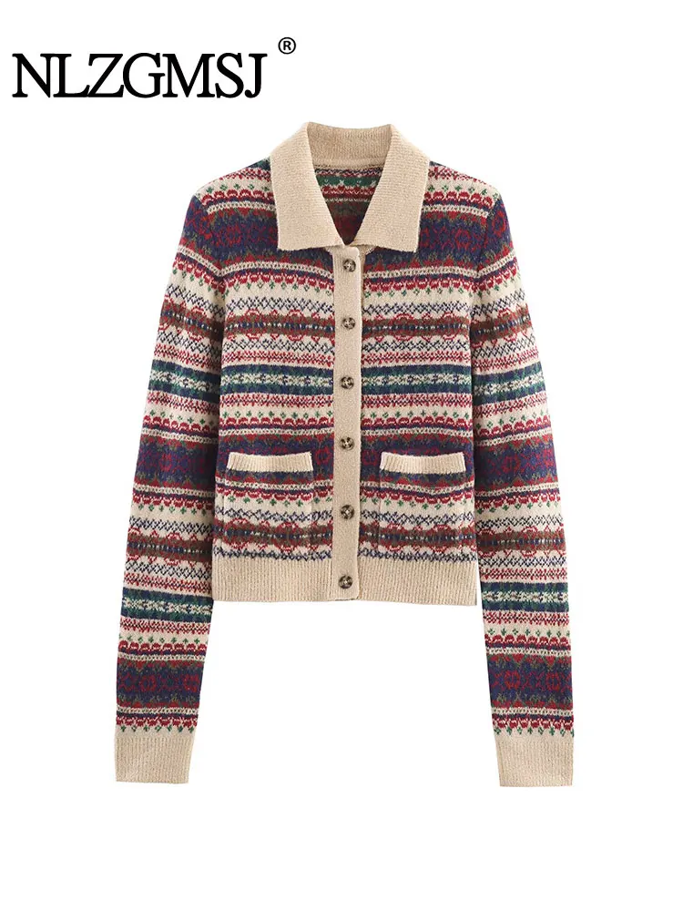 Nlzgmsj الخريف المرأة محبوك معطف موضة كم طويل زر شريط طباعة سترة مشغولة من الصوف المرأة أنيقة خمر معاطف قصيرة