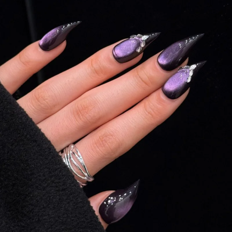 Curved Long Stiletto Dark Purple Cat Eye Press On Nails Crystal Rhinestone Gothic Glossy Cool Dark Aesthetic Reusable False Nail view 4
