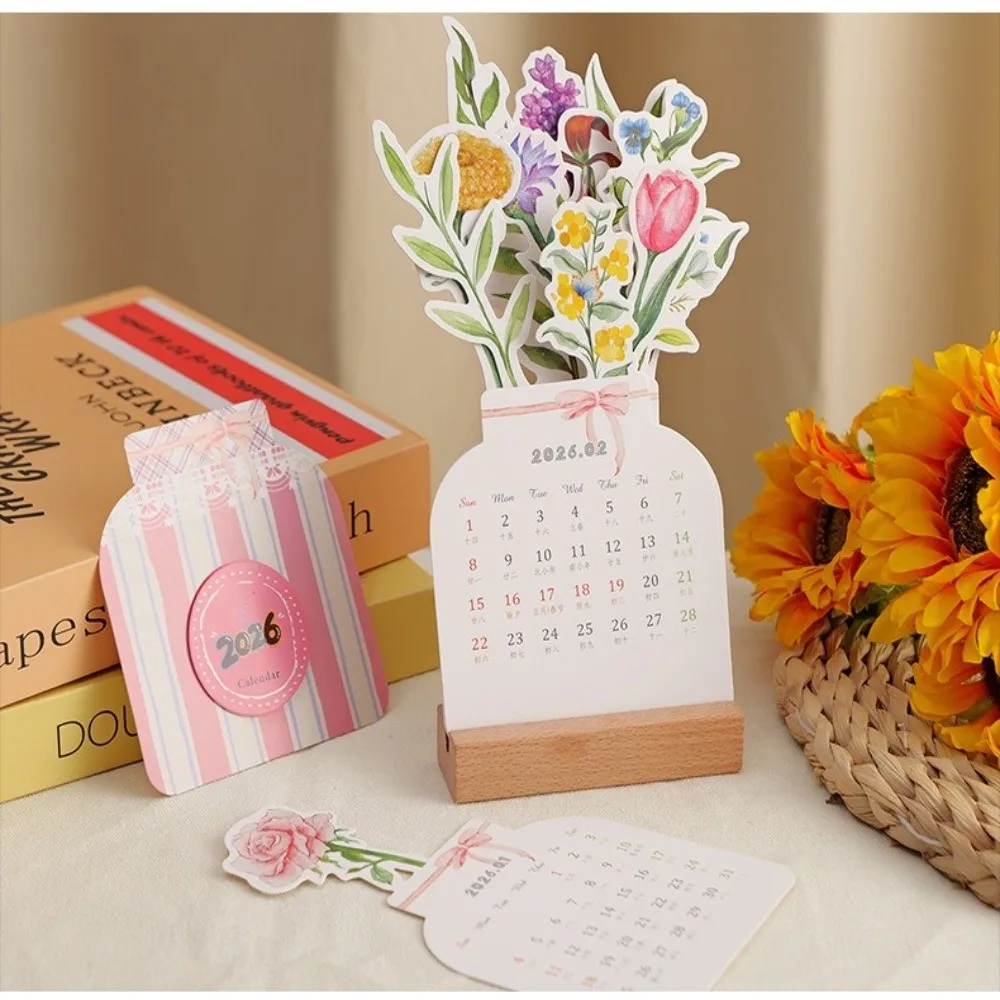 Wooden Stand Flowers Desk Calendar Paper Craft Card Insert Vase-Like Calendar Traditional Mini Desk Calendar New Year