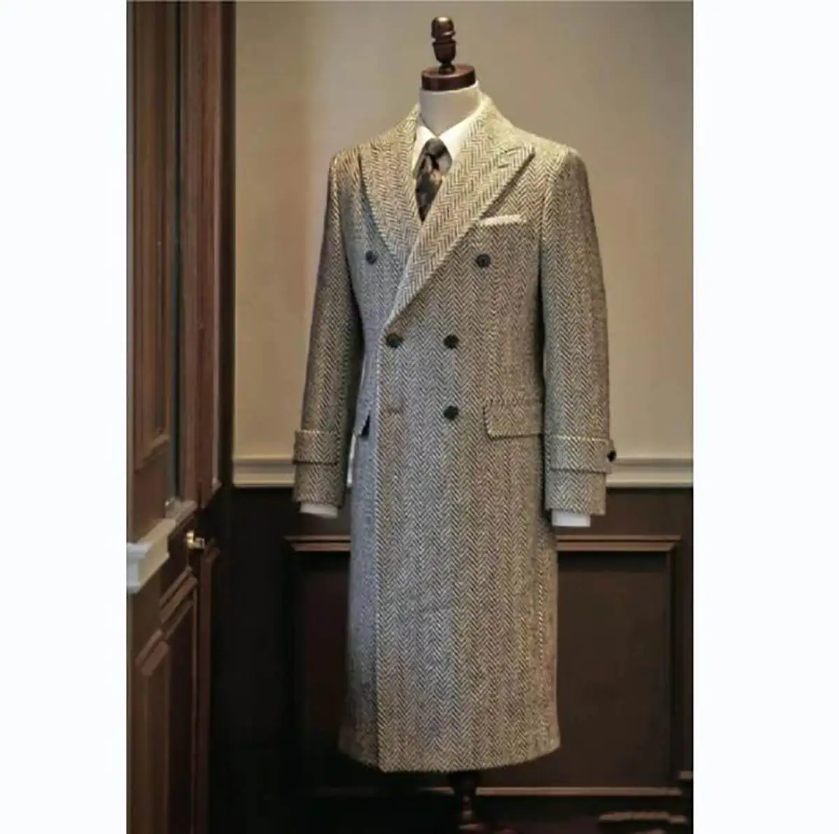 Gray Wool Tweed Winter Coat For Men Herringbone Slim Fit Formal Groom Wear Wedding Male Suits