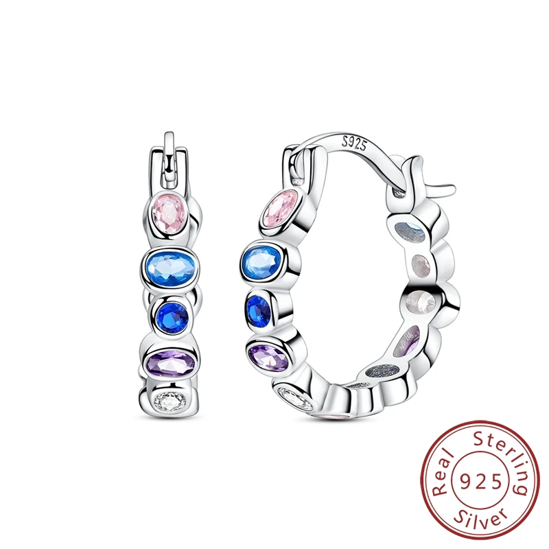 

925 Sterling Silver Earrings Women Shinning Blue Purple Zircon Geometric Hoop Earrings For Party Anniversary Wedding Gift