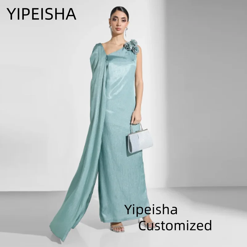 

Customized Graceful With Flowers Evening Dresses One Shoulder Formal Party Prom Gowns Slit Ankle Length Vestidos Para Mujer