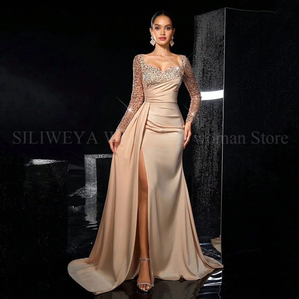 

Luxury Long Sleeve Prom Gowns High Side Split Sweetheart Beading Court Train Lace Exquisite Formal Banquet Party Evening Dresses