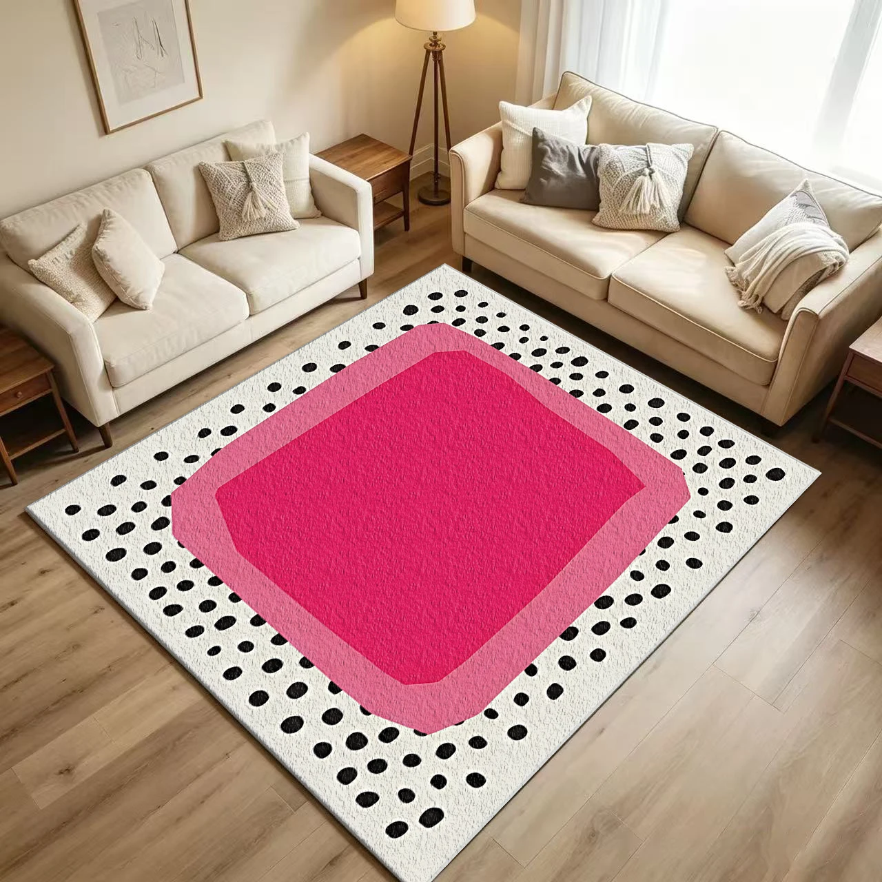 Bright Pink Square Black Dot Abstract Pattern Carpet, Non-Slip Washable Floor Rug Suitable for Living Room, Bedroom, Modern Pop Art Home Decor