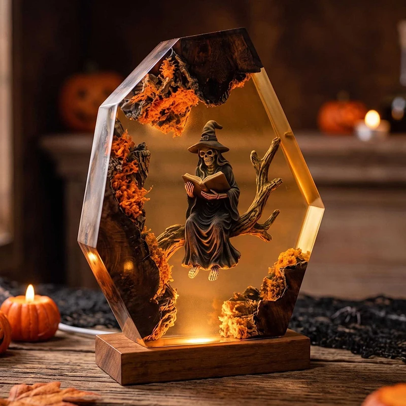 Witch Figure Organism Resin Table Light Creactive Art Decoration Halloween Wizard Theme Night Light  7-Colors USB Charge