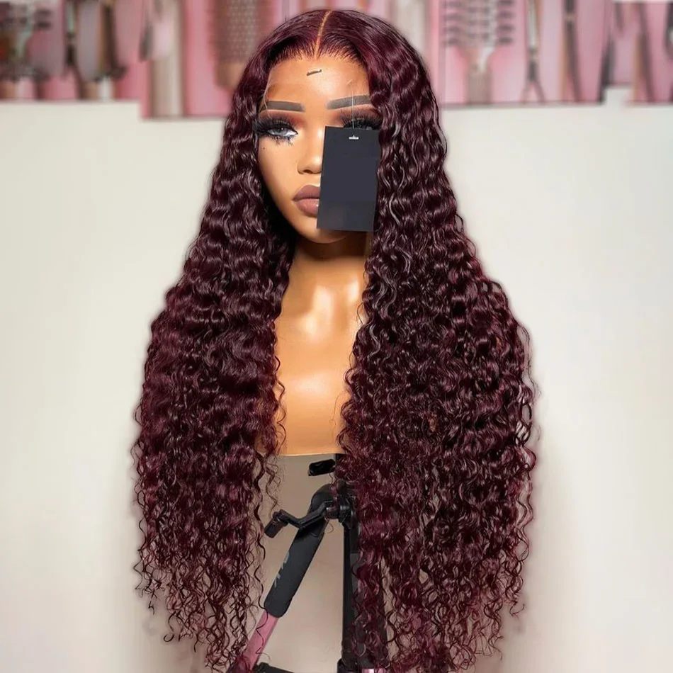 

Burgundy Glueless Long Soft Preplucked 26 Inch 180% Density Wine Kinky Curly Lace Front Wig Fiber For Black Women With Baby Hair