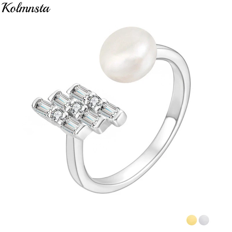 Kolmnsta 925 Sterling Silver Quality Pearl Opening Rings Shinny Zircon Adjustable Ring For Women Wedding Engagement Party Gift