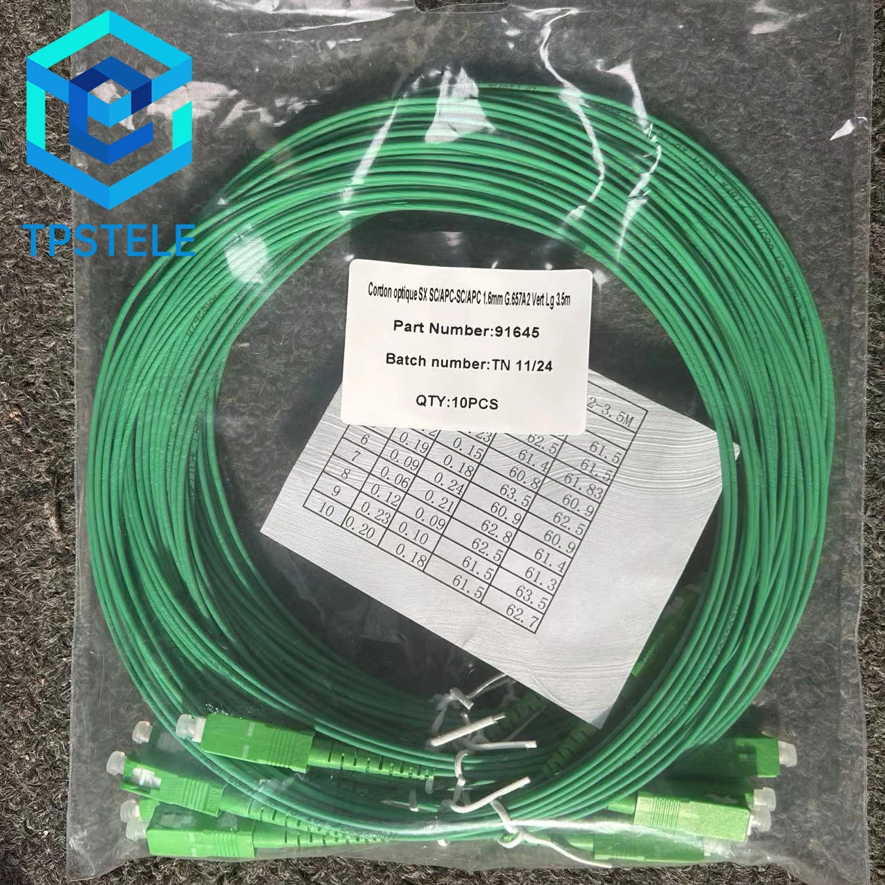 IL≥0.3dB SC APC سلك تصحيح الألياف البصرية وضع واحد G657A2 Simplex 1.6 مم 3.5 متر LSZH أخضر ضمان 10 سنوات